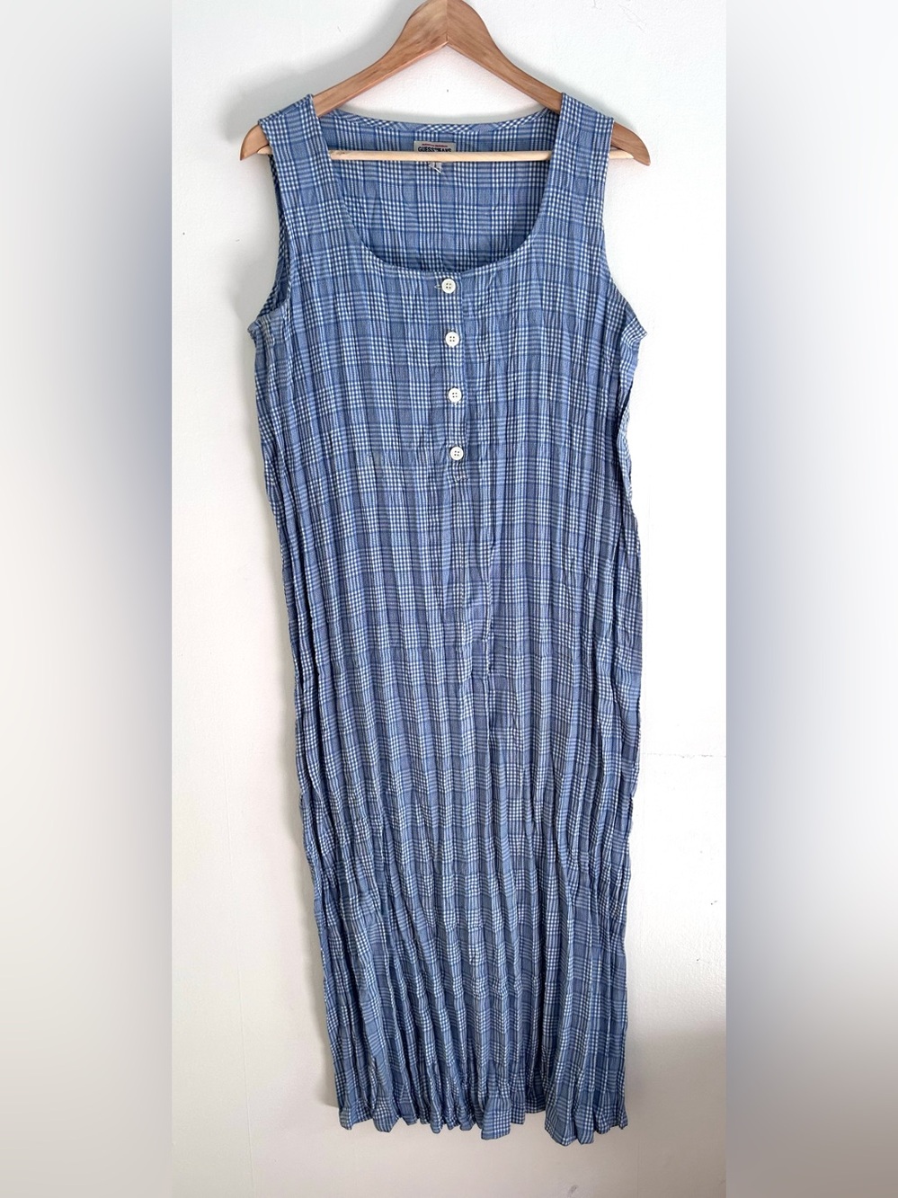 Vintage GUESS Shift Midi Dress Blue And Cream Button FrontPlaid Size Small